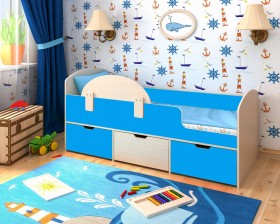 Кровать Малыш-мини с бортиком Дуб молочный/Голубой в Юрге - yurga.katalogmebeli.com | фото