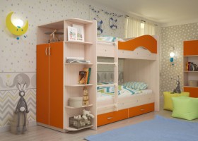 Кровать Мая двухъярусная с ящиками и шкафом Млечный дуб/Оранжевый в Юрге - yurga.katalogmebeli.com | фото
