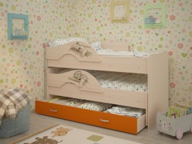 Кровать выкатная Радуга-Сафари детская 1600 Млечный дуб/Оранжевый в Юрге - yurga.katalogmebeli.com | фото